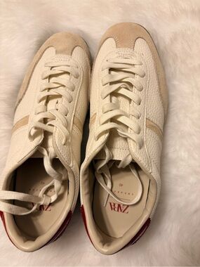 Zara Off-White and Beige women’s faux Leather Sneakers with Red Heel Detail